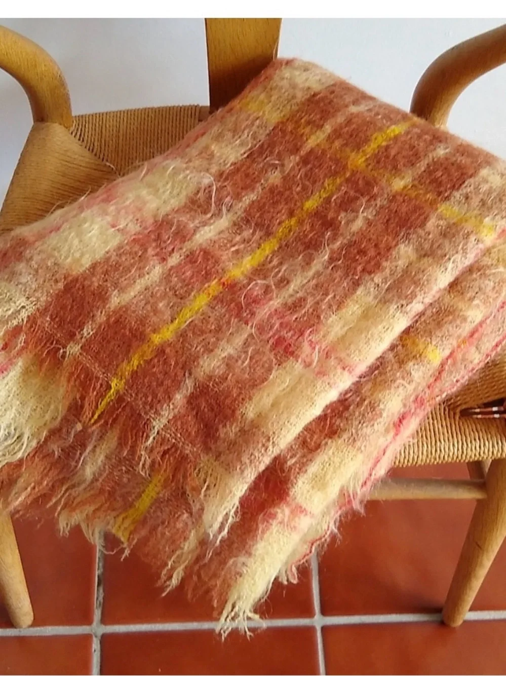 Vintage Mohair Plaid Hand-loomed in Scotland<Rust, Mustard & Cream Throw Blanket